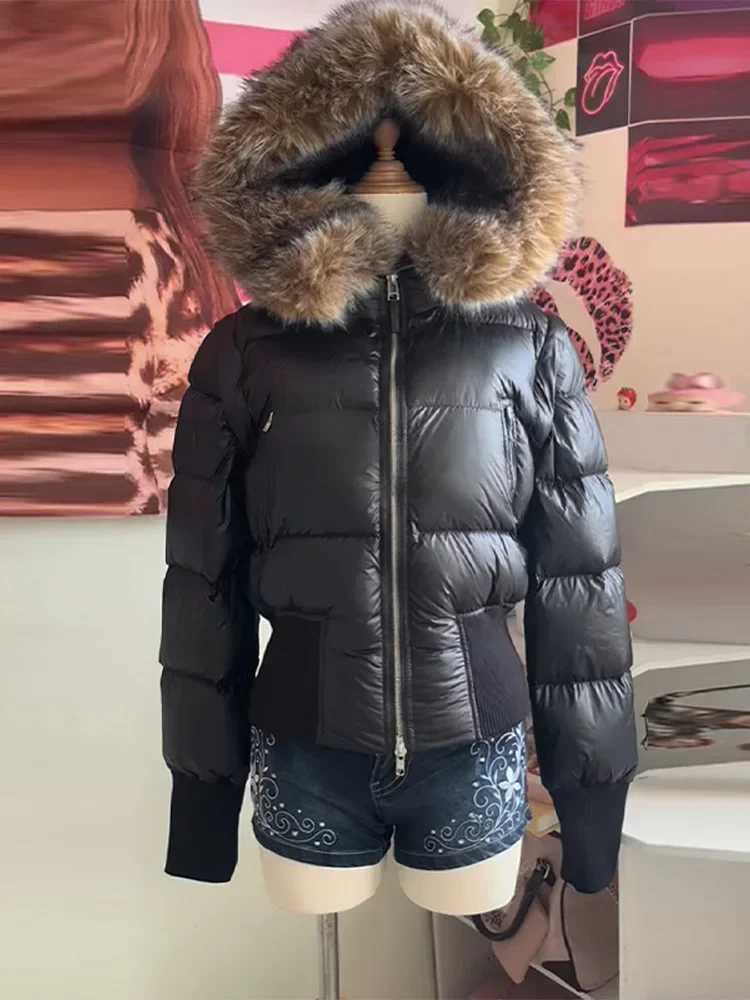 Women's Down Parkas Y2K Retro Slim Women's Autumn and Winter Title Seamed Cotton Jacket Faux Fur Collar Long Sleeve Jacket 2025 New Jacket