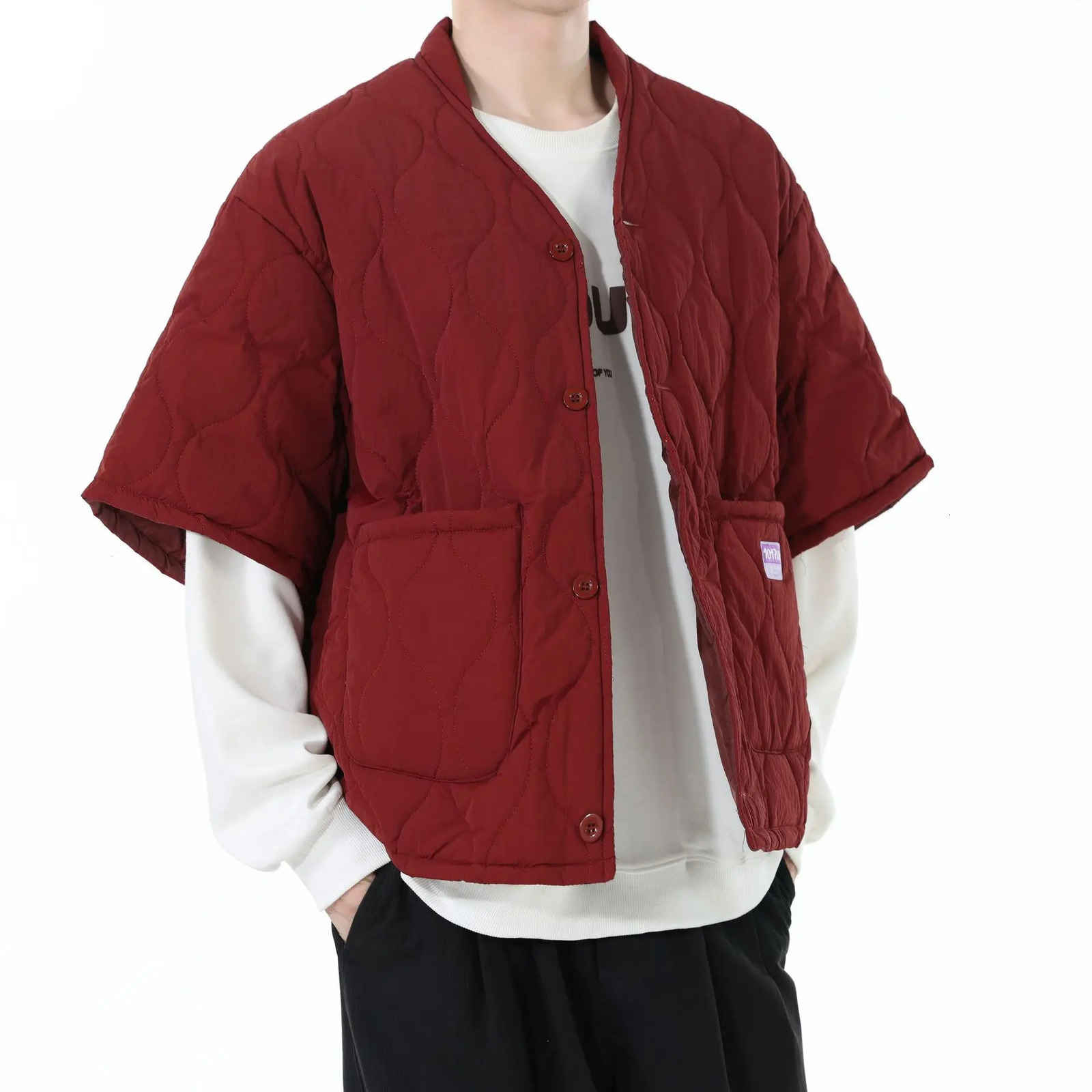 Autumn Winter Japanese Streetwear Half Sleeve Padded Jacket Harajuku Casual Mens Jacket Harajuku Thick Trendy V-Neck Coat Male 261015