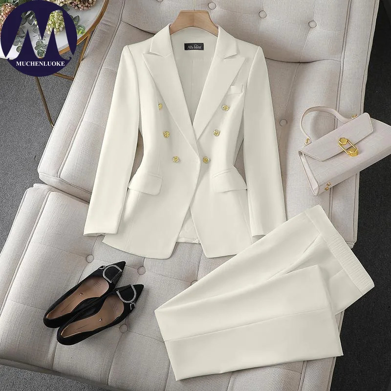Women's Korean Fashion Two-Piece Set Long Sleeve Blazer And Wide Leg Pants Office Casual Loose Fit Spring Autumn Suits 261016