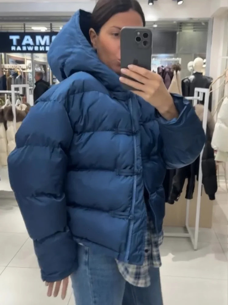 Women Oversized Blue Hooded Puffer Coat Toggle Button Long Sleeve Cropped Soft Warm Po Ready Daily Winter Outerwear Jackets 261016