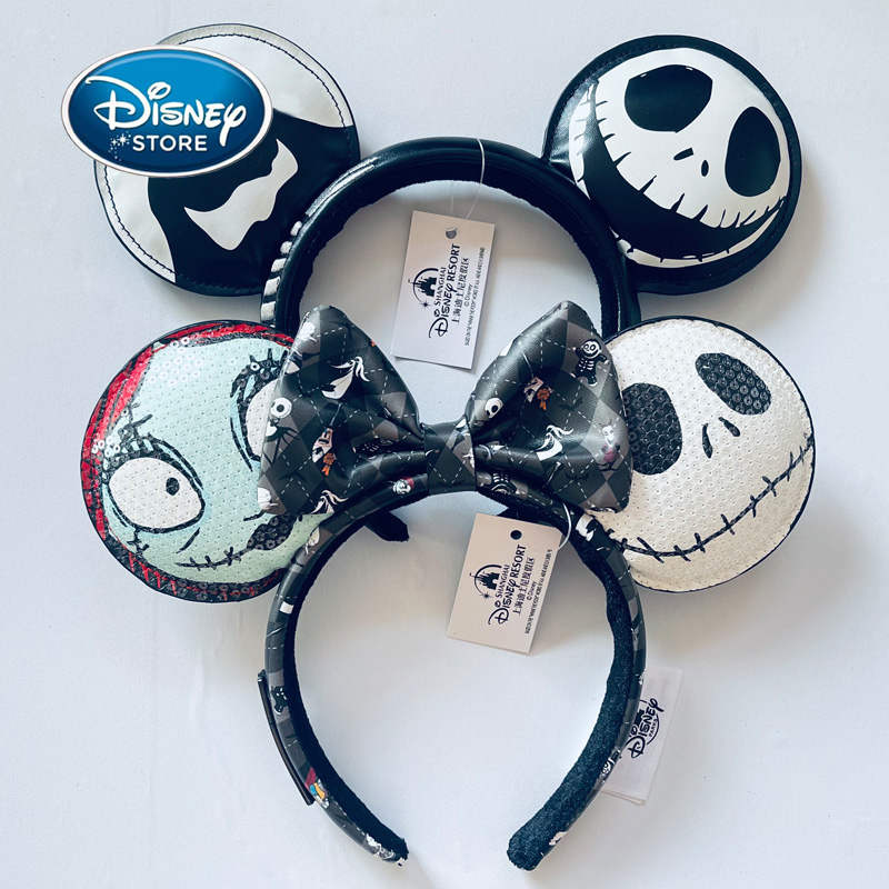 Disney The Nightmare Before Christmas Minnie Mickey Ears Headband Jack Skellington Oogie Boogie & Jack Sally Print Ears Halloween Theme Park Hair Ac