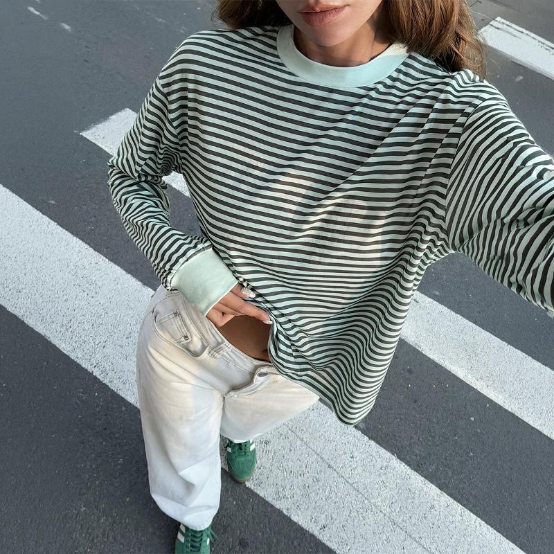Designer de haute qualité surdimensionné femmes rayé à manches longues T-shirt basique décontracté col rond longueur courte haut usage quotidien