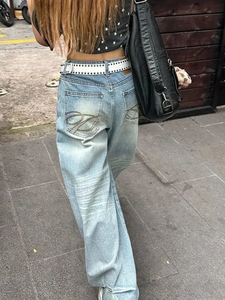 Casual Vintage Y2k Embroidery Jeans Women Blue High Waist Straight Baggy Denim Trousers American Retro 90s Street Wide Leg Jeans 261013