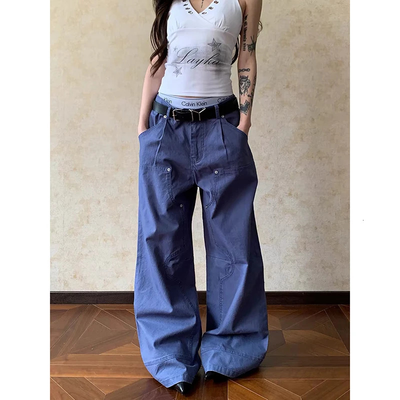ZHIZOU Women's Baggy Blue Pants Oversize Cargo Jeans Pants Harajuku American 2000s Style Vintage Y2k BF Style Trousers Clothes 261016