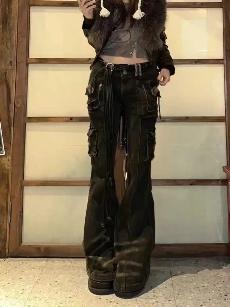 Y2K 2000s Aesthetic High Waisted Denim Jeans Women Gothic Punk Flare Pants Japanese Harajuku Hiphop Street Fashion Trousers 261016