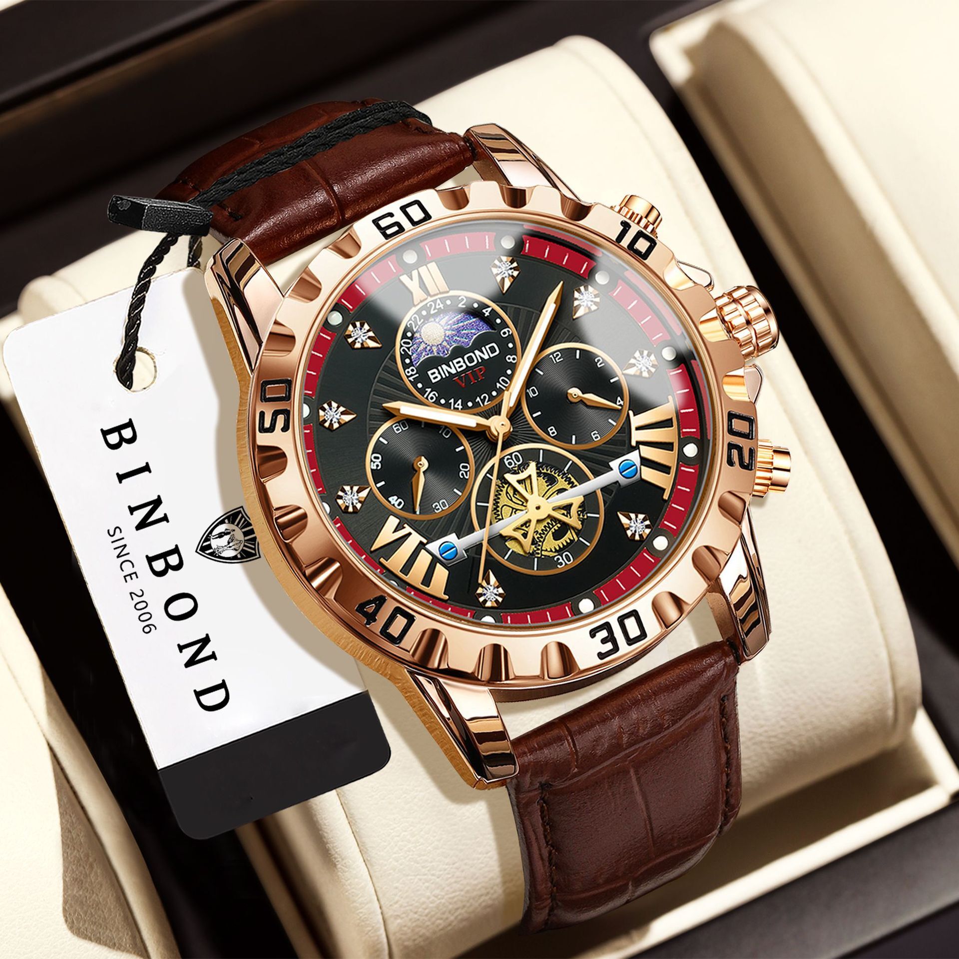 Quartz Wrist Watch, New Waterproof Multi-function Timepiece, Crocodile Grain PU Leather Strap, Decorative Flywheel Moon Phase Dial High End Sports W
