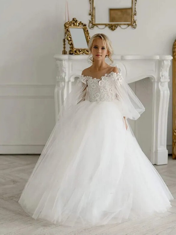 Princess White A Line Flower Girl Dresses Off-the-Shoulder Tulle Appliques Bowknot Back Tulle Sleeves Long Kids Formal Occasion Birthday Party Gowns