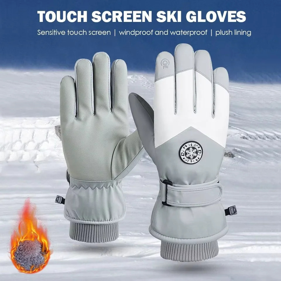 Winter Unisex Snowboard Ski Gloves PU Leather Non-slip Touch Screen Waterproof Motorcycle Cycling Fleece Warm Snow Gloves 261016