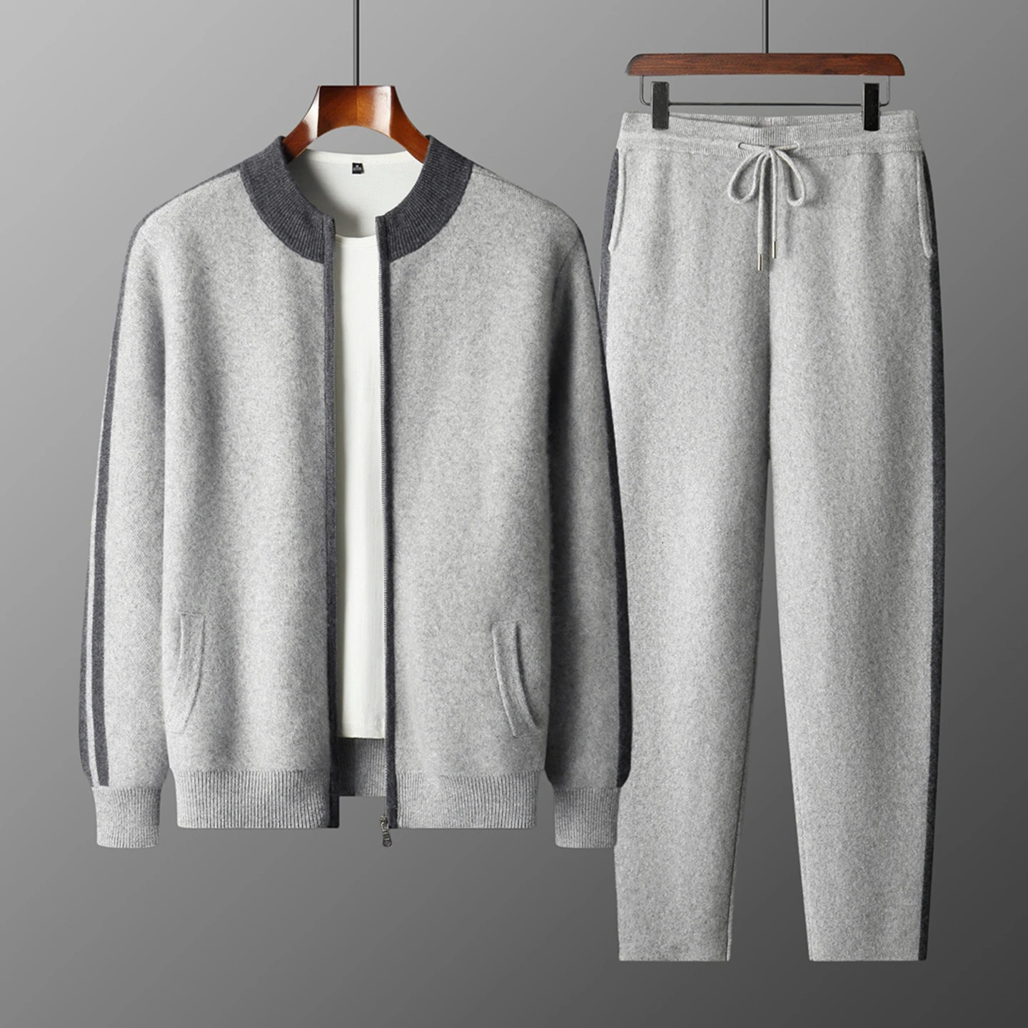 Men 100% Merino Wool Sweater Set Straight Leg Pants Contrast Color Zipper Cardigan Thick Knit Autumn Winter Drawstring Trousers 261016