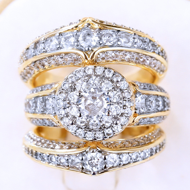 Huitan Luxury Set With Cubic Zirconia, Featuring Three-Piece Design, Gorgeous Exquisite Two-Tone Ring Set, In A Tiktok-Inspired European And America