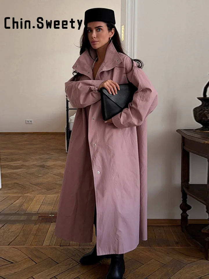 Street Solid Stand Collar Women's Long Trench Coat Loose Full Sleeve Single Breasted Pockets Windbreaker 2026 Autumn Lady Jacket 261015