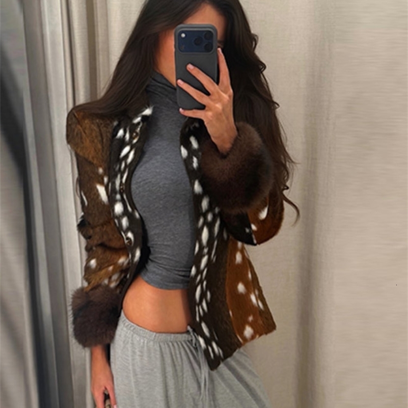 Spotted Printed Womens Faux Fur Jacket Coat Stand Collar Cinched Waist Furry Cuff Slim Coat Pattern Party Street Outerwear Lady 261016