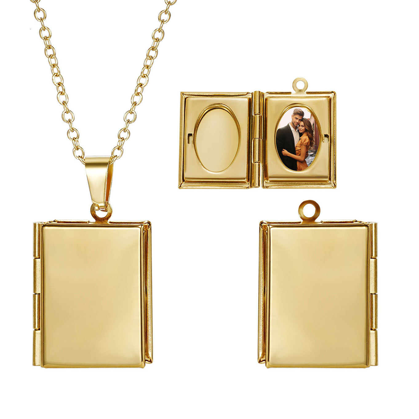 316L stainless steel geometric square photo frame necklace pendant, a couple's accessory, with engraving options for women
