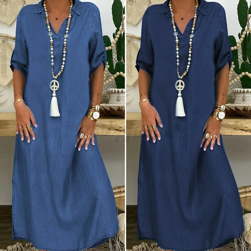 Casual Denim Dress V Neck Half Sleeve Loose Solid Jean Long 2024 Spring Summer Street Style Dresses Female 261015