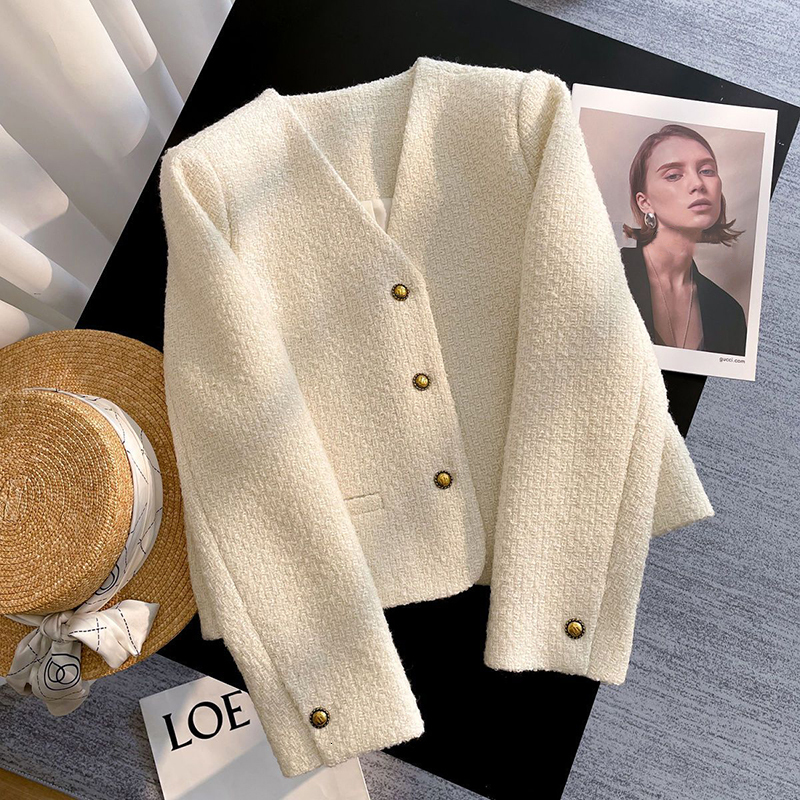 MEXZT Vintage Tweed Jacket Women Elegant Cropped V Neck Coat Winter Korean Short Outerwears Ladies Long Sleeve Design Blazer New