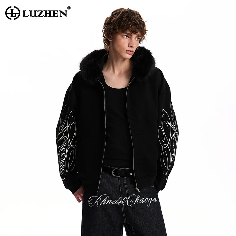 LUZHEN 2026 Winter Trendy Original Printed Letter Faux Fur Collar Hooded Sweatshirt Coat Men Handsome High Quality Jacket
