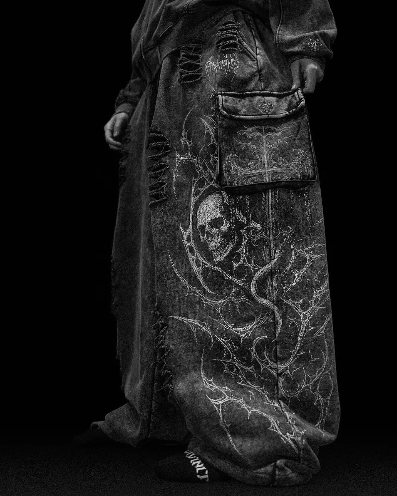 Gothic Skull Cross Print Loose Pants for Men Y2K Streetwear Black Thick Diagonal Wide Leg Harajuku HipHop 261016