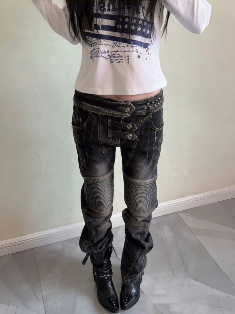 American Vintage Washed Distressed Pleated Button Jeans Women Streetwear Y2k Retro Full Length Pants Slim Spring Summer 261015