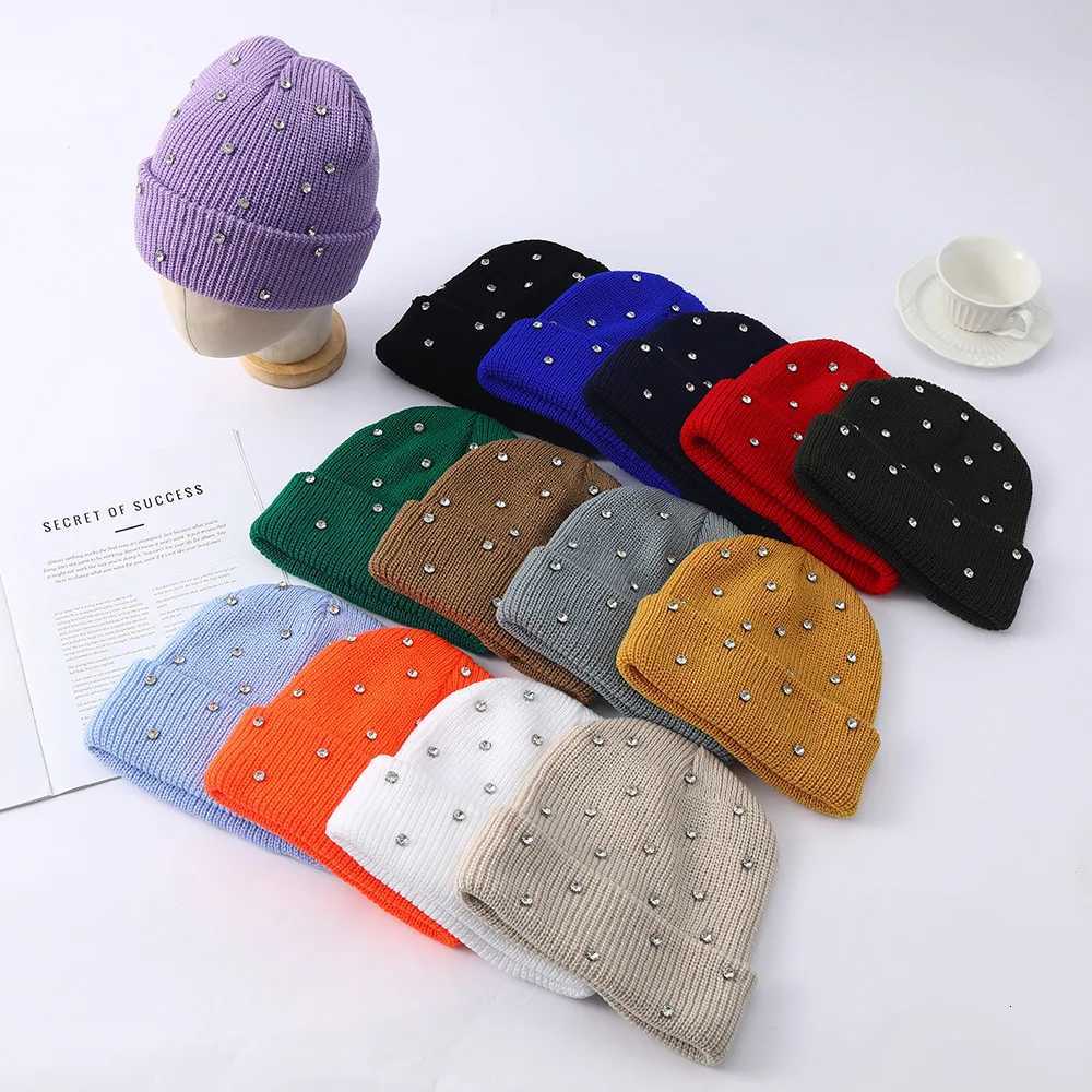 Beanie/Skull Caps Winter Rhinestone Knit Beanie Cap Shiny Crystal Studded Cuffed Skull Hat Elastic Warm Knitted Hat Street Daily Ladies HeadwearT261