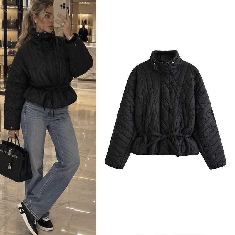 Women's Down Parkas Women's Warm Coat 2026 New Fashion Autumn Winter Belt Stand Collar Jacket for Women Casual Chic Women OuterwearT261017