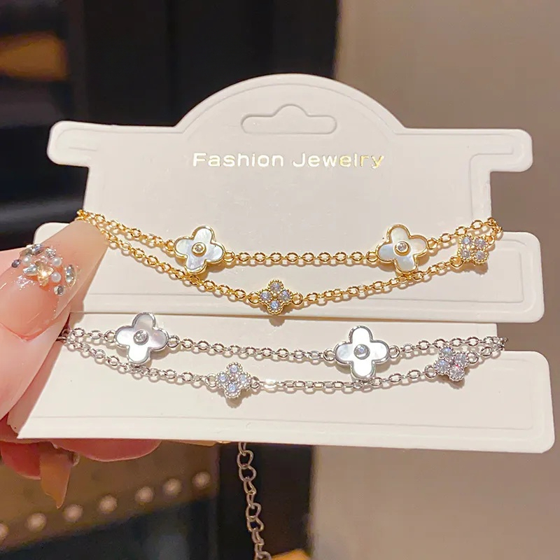 Exquisite Gold Plated Diamond Inlaid Mother Of Pearl Flower Double Layer Adjustable Bracelet With Retro Simplicity Light Luxury High End Feel Handma