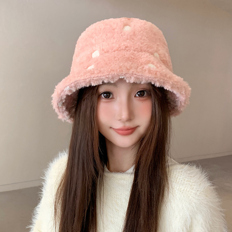 New women's winter Korean-style fashionable student bucket hat with lamb wool lining, versatile, warm, ear-protecting, and face-slimming