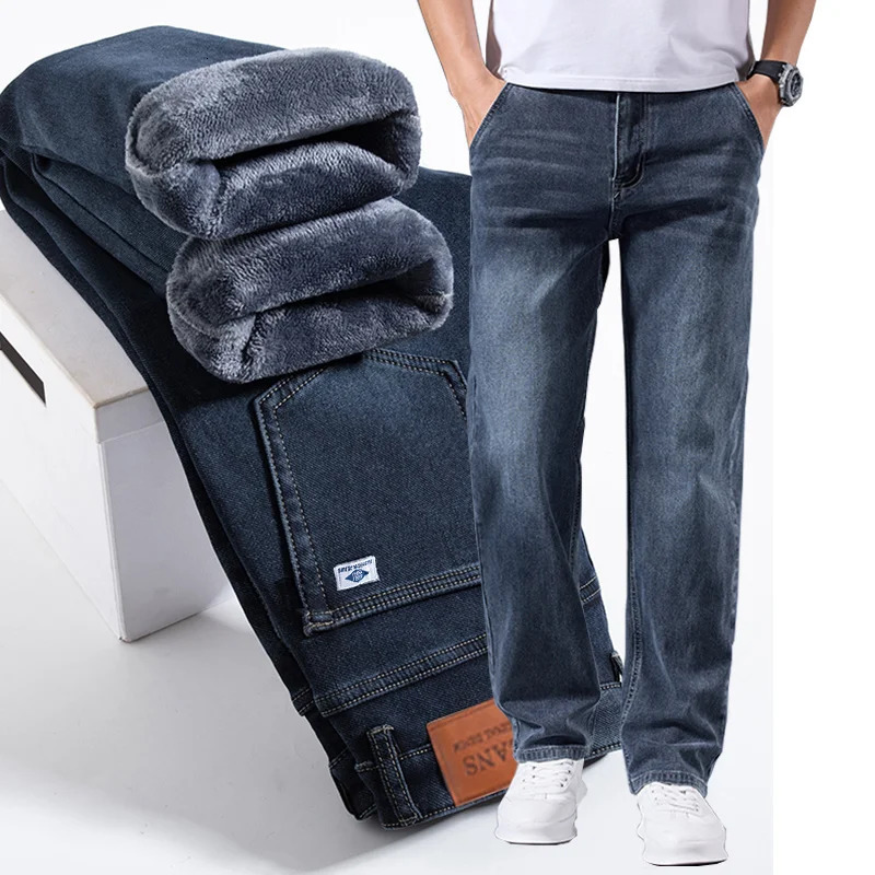 Mens Winter Fleece Thicken Lightweight Business Straight Leg Jeans Solid Color Versatile Slight Elastic Long Pants 261016