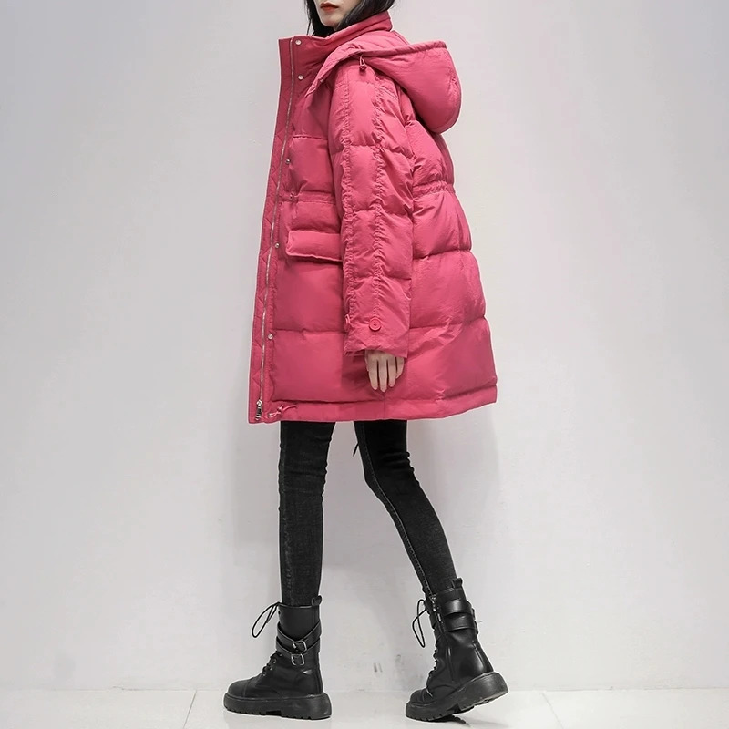 Medium long Hooded Down Jacket For women Winter 2025 Korean version Loose White duck down Fashion Warm Coat Female 261013