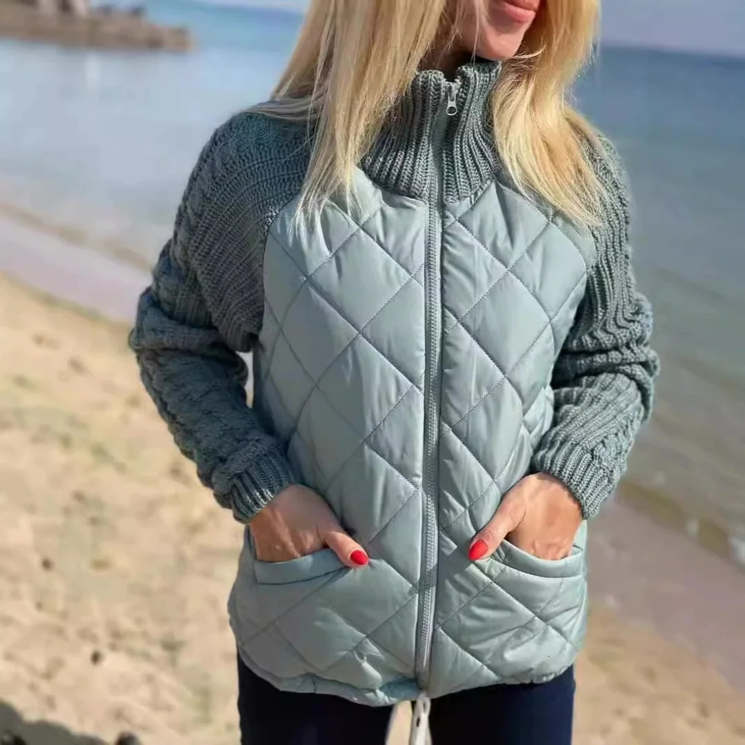 Winter Women Jackets Solid Color Stand Collar Neck Parkas Patchwork Drawstring Hem Zipper Closure Cotton Jacket Female Clothes 261015