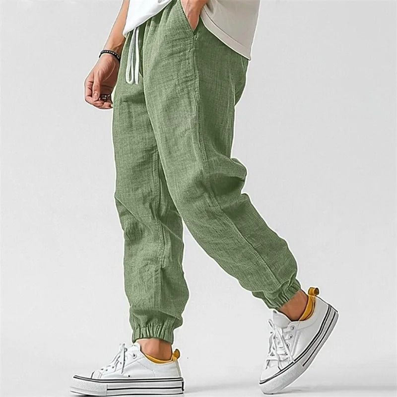 Mens Cotton Linen Blend Jogger Pants High Waist Tapered Casual Trousers 261017