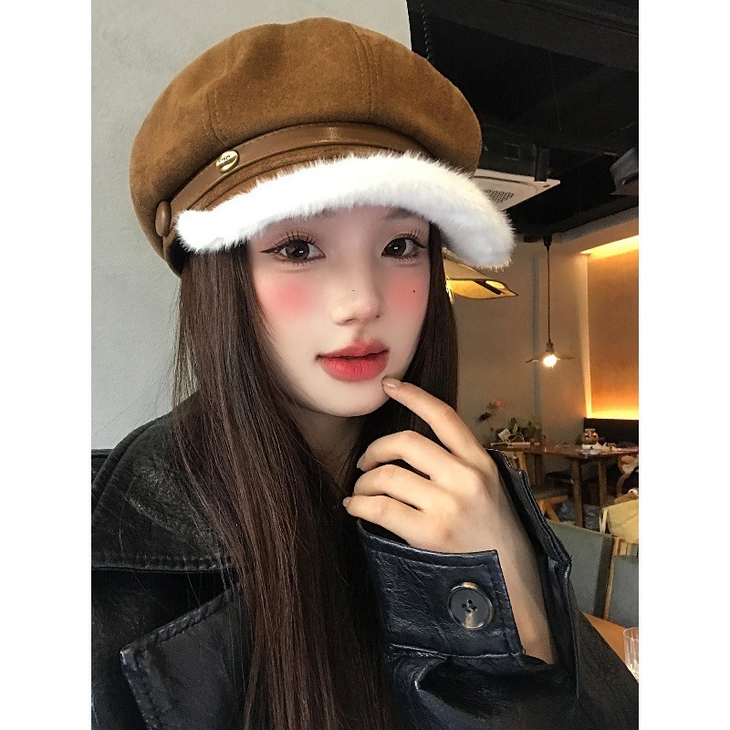 Autumn Winter Fleece-Lined Melard Suede Octagonal Beret for Women, Coffee Color, Face-Slimming, Vintage Warm Newsboy Hat