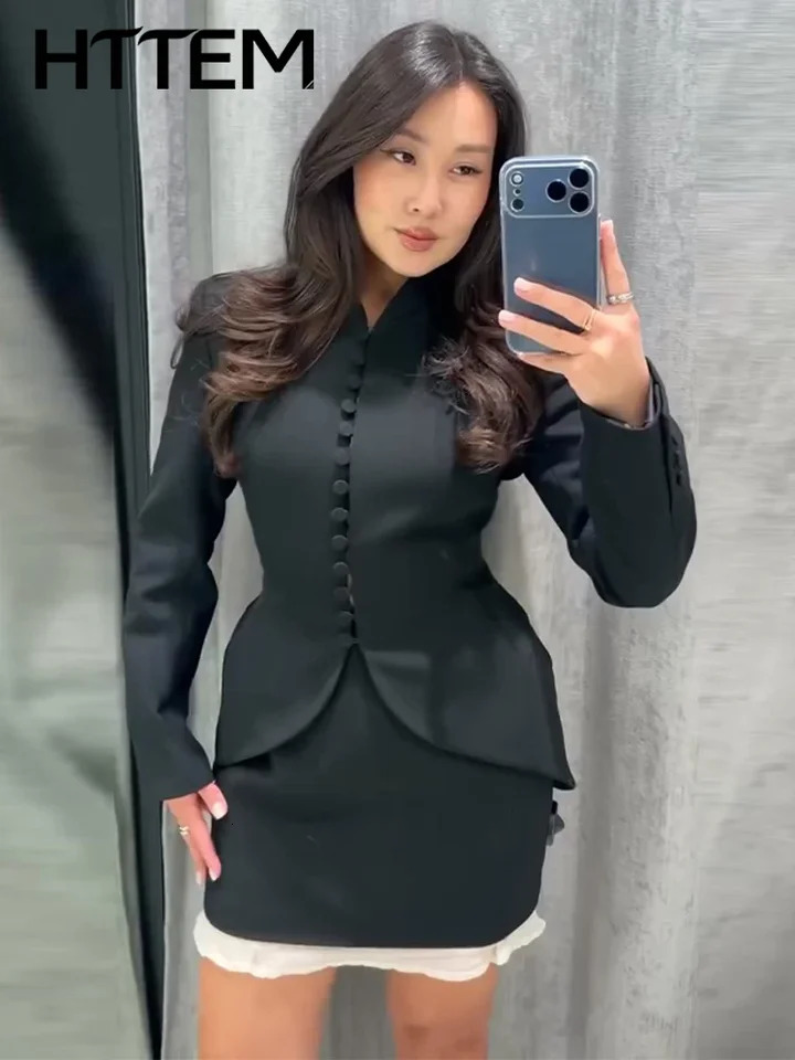 Elegant Slim Button Blazer Coat For Women Black Singlebreasted Vneck Long Sleeve Female Coats 2026 Autumn Winter Lady Outwear 261015