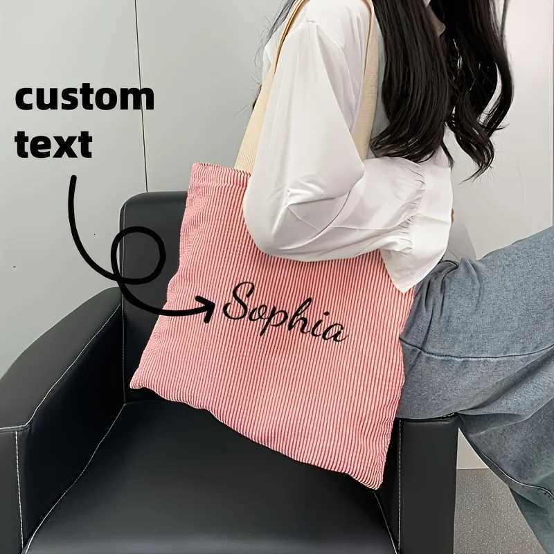 Evening Bags Custom Embroidery Name Tote Bag Women Personalized Text Corduroy Shoulder Bag Casual Striped Shopping Handbag Large Capacity H261016