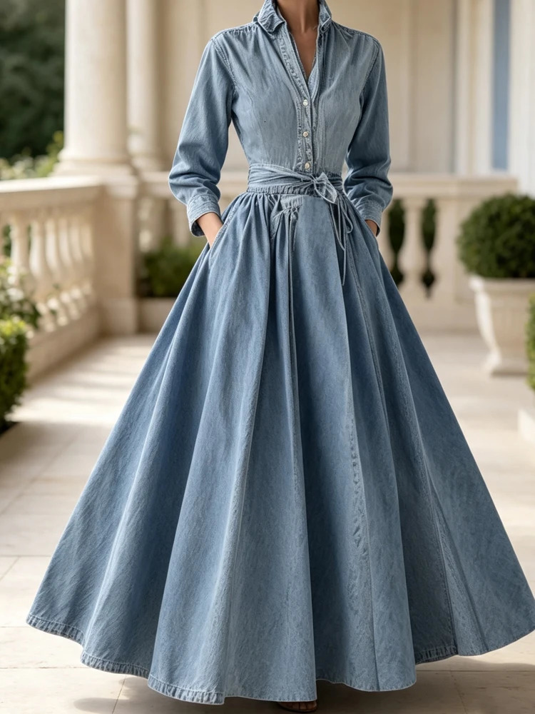 Women's Lapel Collar Single Breasted Denim Maxi Dress Long Sleeve Waist Tie Belt With Pockets Vintage Elegant Daily Party 261015