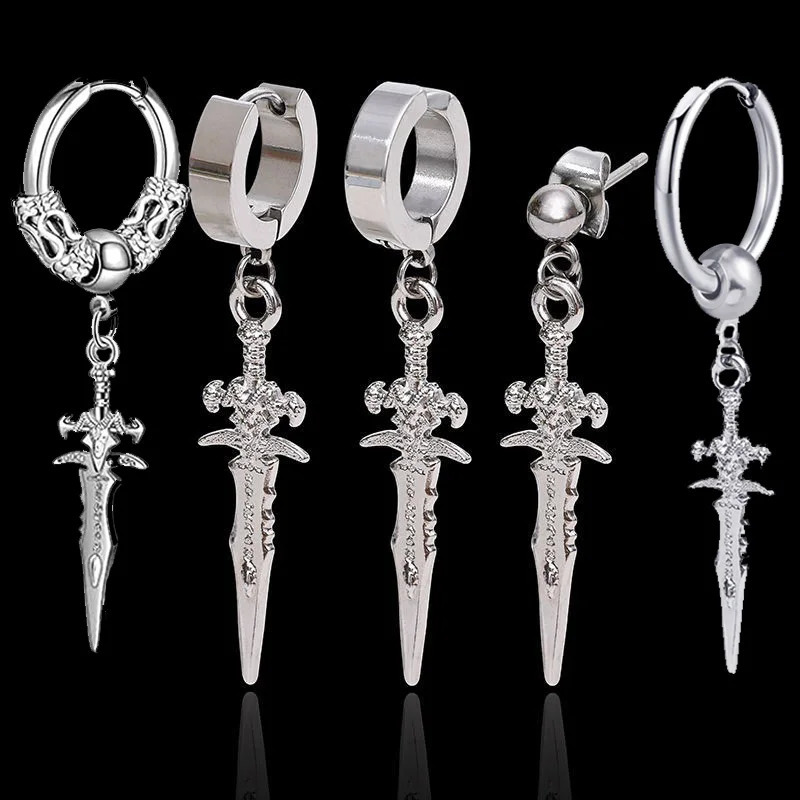 WKOUD 1Pair Stainless Steel Vintage Cool Sword Earrings Female Punk Ear Hoops For Womens Mens Jewelry Long Unique Dangle Drop261016
