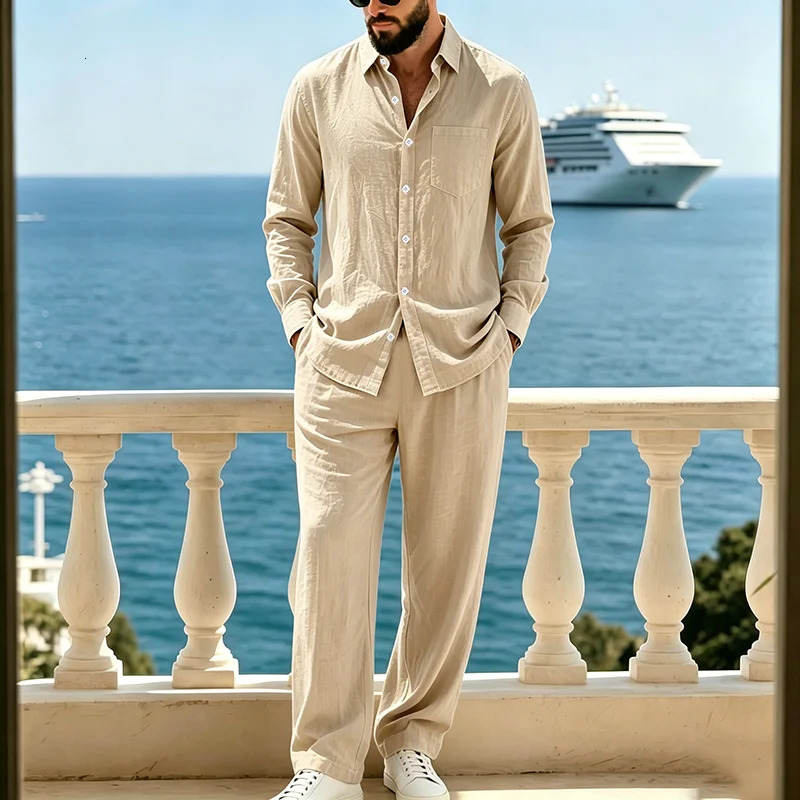 Men's American Style Autumn Casual Linen Point Collar Shirt And Solid Color Pants Set Comfortable Breathable 2 Piece Outfits 261013