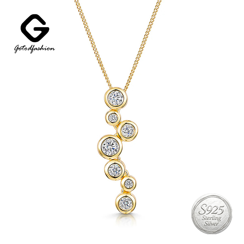 Designer Necklace 925 Sterling Silver Multi Bubble CZ Waterfall Pendant Necklace 18K Gold Plated Adjustable Chain Hypoallergenic Fine Jewelry for Wo