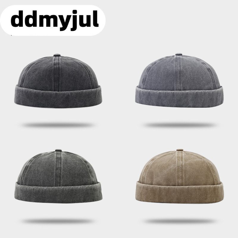 Washed Denim Docker Cap Distressed Brimless Hat for Men Women Vintage Ripped Sailor Skull Beanie Retro Casual Streetwear Cap