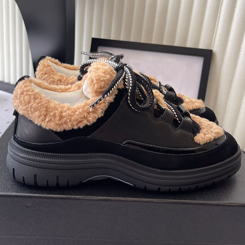 2026 Designer Sneakers Womens Suede Thick Soled Casual Shoes With Brown Curly Fur Edging Contrasting Colors Thick Shoelaces Warmth Height Increasing