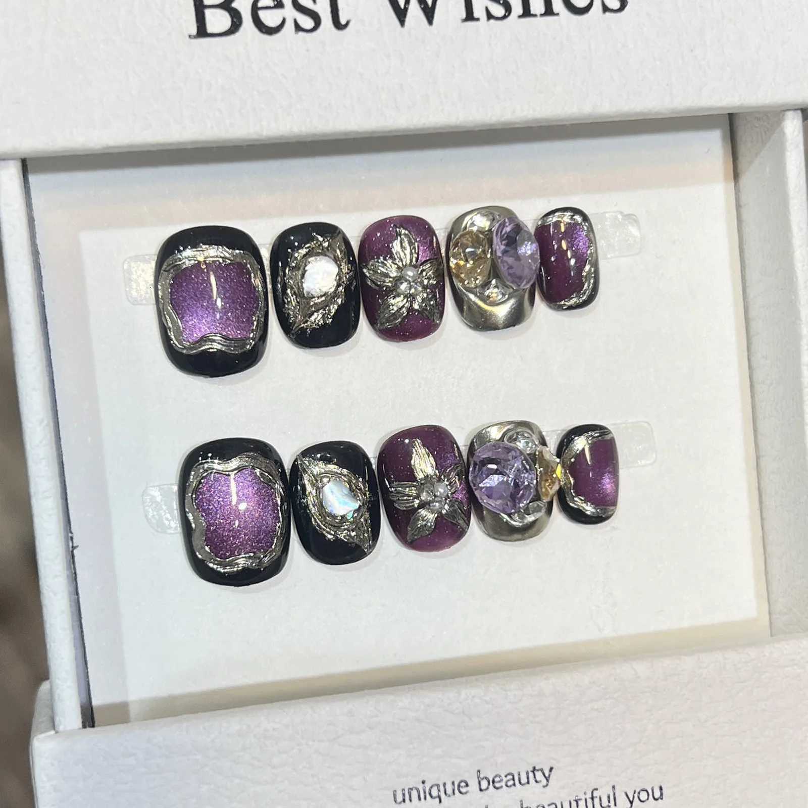 False Nails 10pcs Short Square Purple Starlight Cat Eyes Flower Handmade Press on Nails Glitter False Nails for Women Party Wedding Q261017