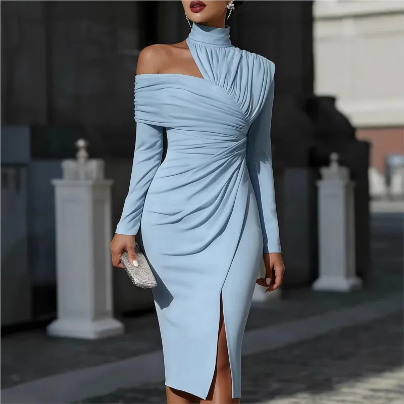 Elegant Party Prom Women's Midi Dress Fashion Solid Color Temperament High Waist Dresses Lady Sexy Off Shoulder n Vestidos 261015