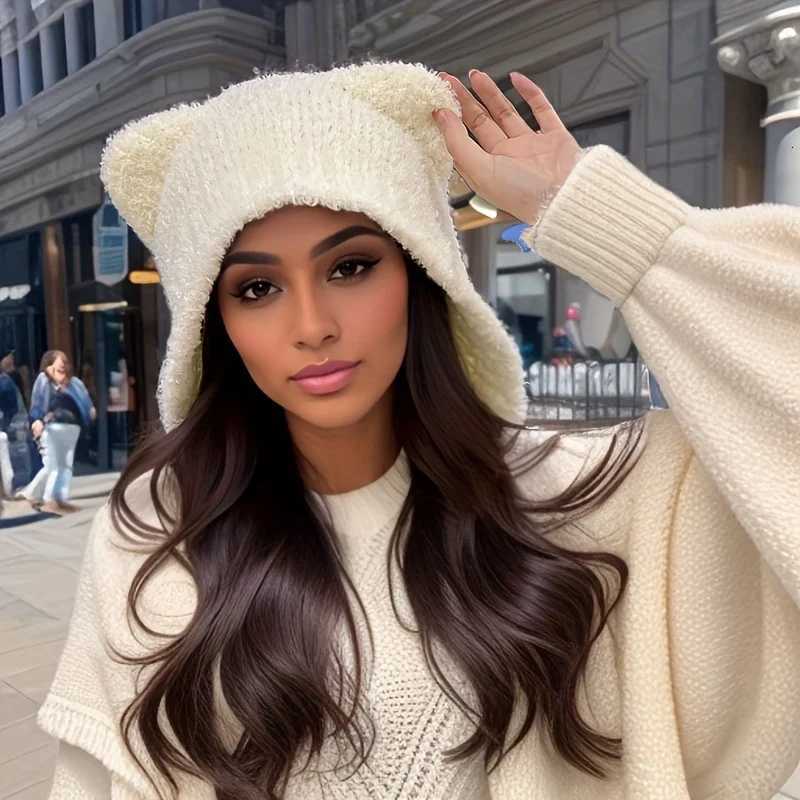 Trapper Hats Winter Plush Hat For Women Harajuku y2k Cute Bear Ear Wool Lace-up Hat Warm Ear Cap Knitted Bomber BonnetsT261017
