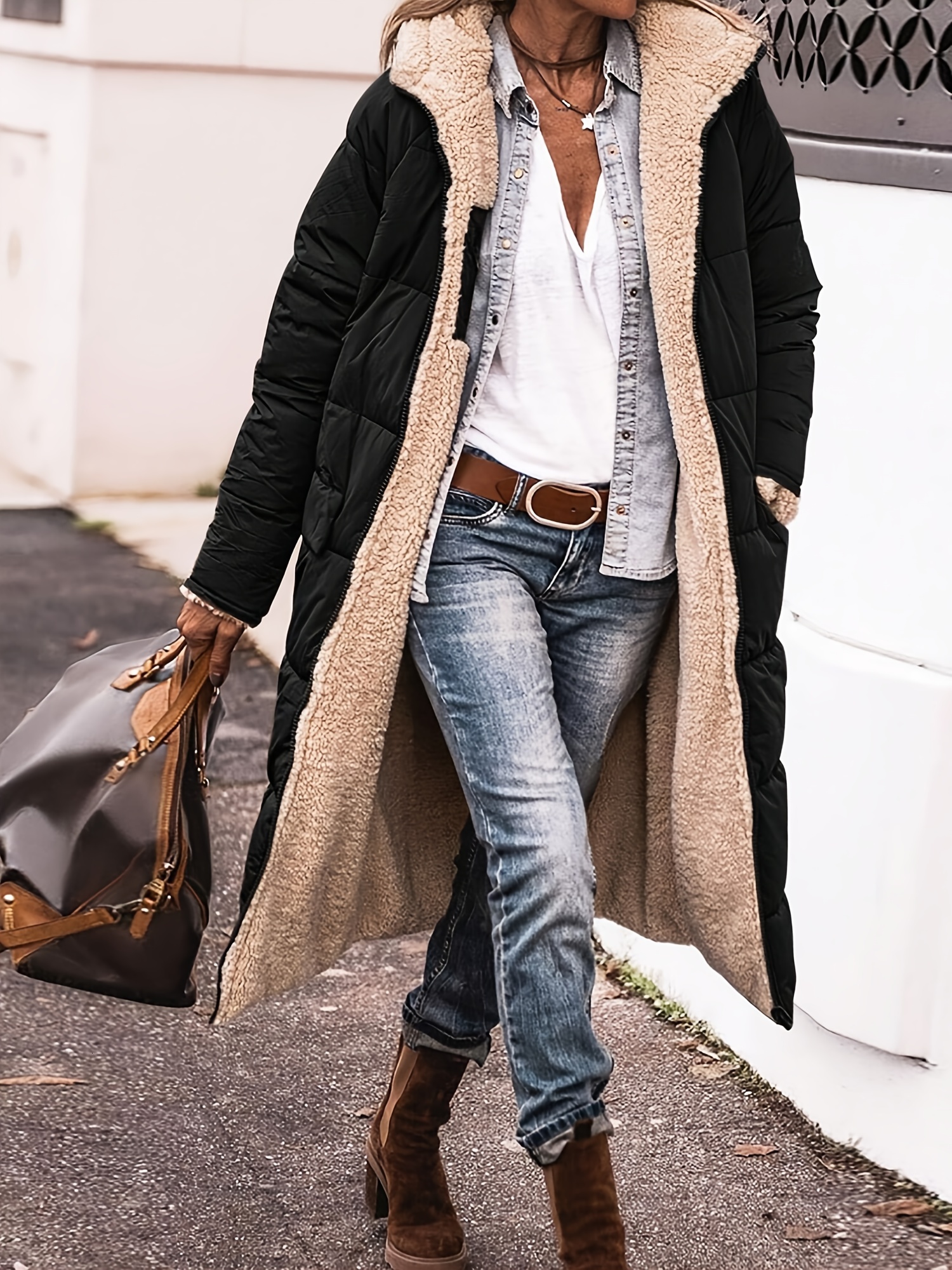 Women Puffer Down Jacket Coat Women's Warm Reversible Hooded Long Puffer Coat Fleece Lined Zip Up Winter Parka