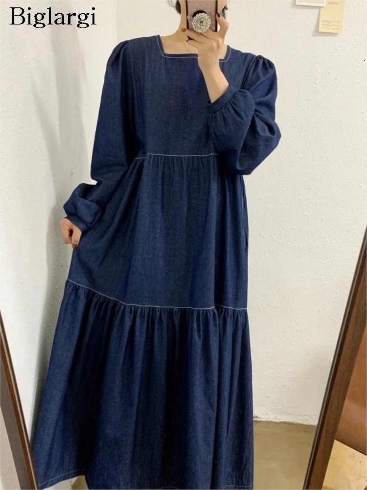 Denim Spring Autumn Long Square Collar Dres Ruffle Pleated Korean Style Fashion Ladies Dresses Sleeve Woman 261015
