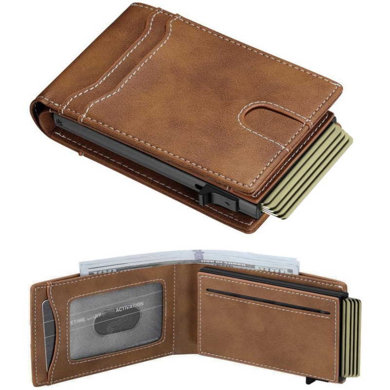 RFID Blocking Pop Up Wallet Carbon Fiber Slim Cardholder Leather Money Clip for Men Women