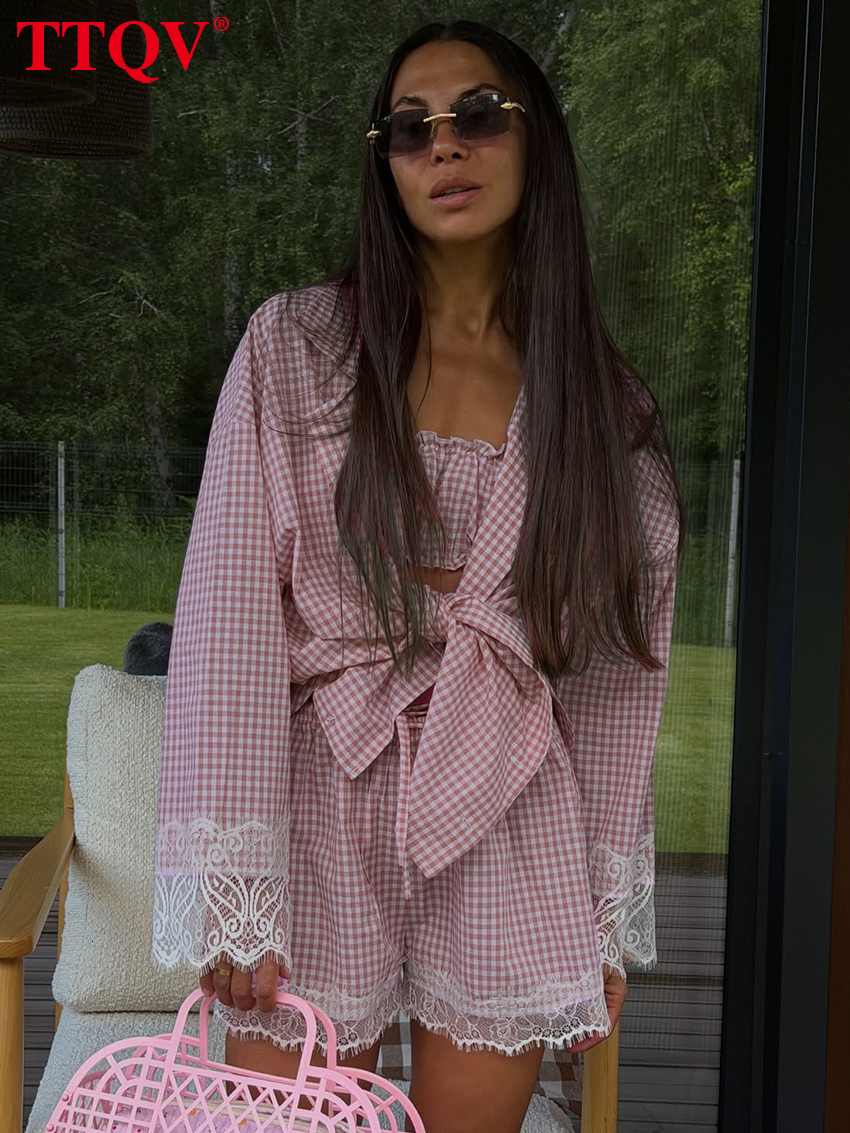 2026 Fashion Loose Pink Plaid Women's 3-Piece Sets 2027 Elegant Long Sleeve Shirt + Crop Top With High Waist Shorts Set Female