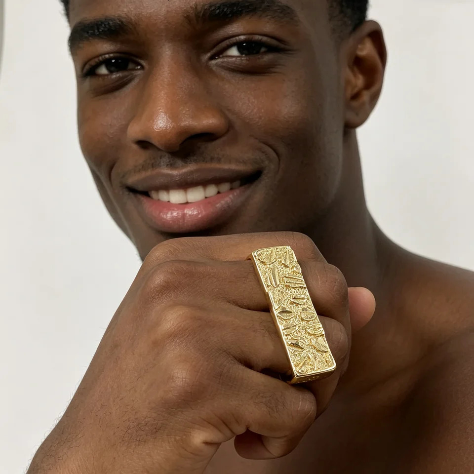 Mens 2 Finger Hip Hop Style Nugget Ring 14K Gold Plated Textured Rough Surface Cookie Street Rap Culture Jewelry 261017