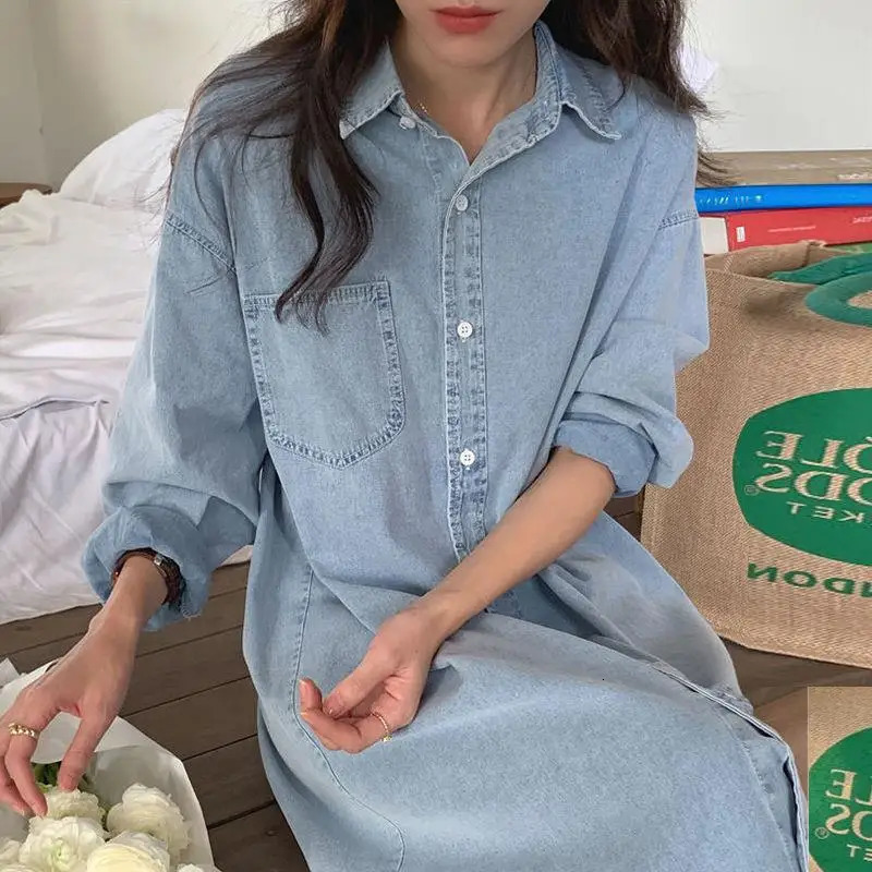 2025 Korean Chic Autumn Simple Lapel Single Breasted Loose Shirt Skirt Casual Long Sleeved Denim Dress 261015