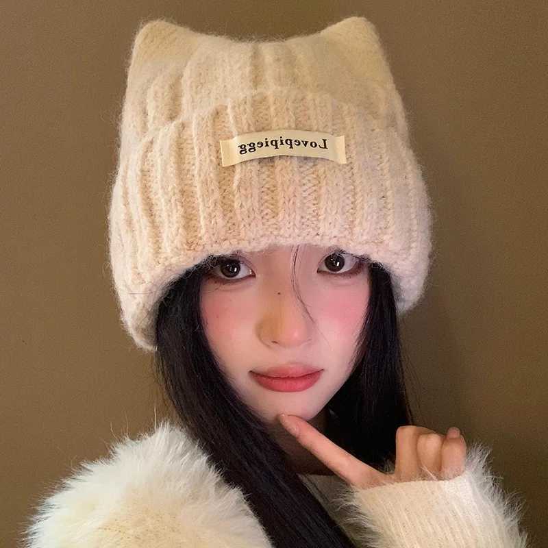 Beanie/Skull Caps Cat Ear Beanie for Women Winter Warm Ear Protection Hat Solid Color Woolen Crochet Bonnet Sweet Girl Knit Pullover Cap Skullcaps Q