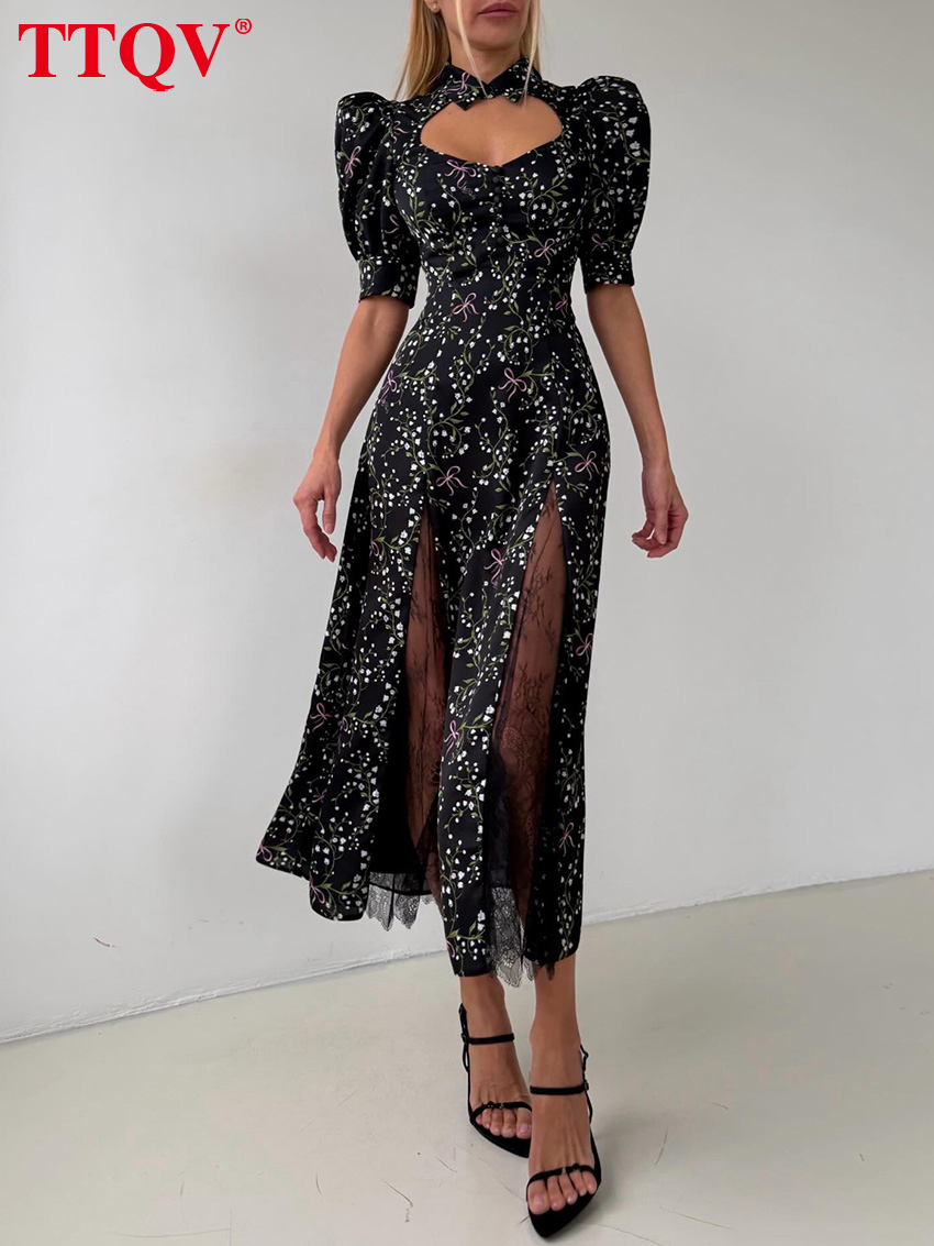 2026 Summer Slim Print Women Sexy Stand Collar Short Sleeve Ankle Length Dresses Elegant Classic Lace Spliced Female Dress